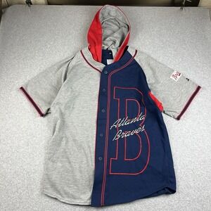 VTG Atlanta Braves Jersey Mens Large Starter Baseball Jersey Hood MLB Blue 90s